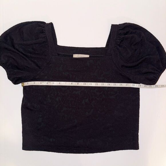 Loft Black Square Neck Puff Sleeve Floral Jacquard T Shirt Top Classic Gothic L - Picture 5 of 10